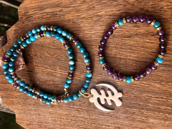 Gye Nyame Adinkra pendant with Blue Apatite & Amethyst mala