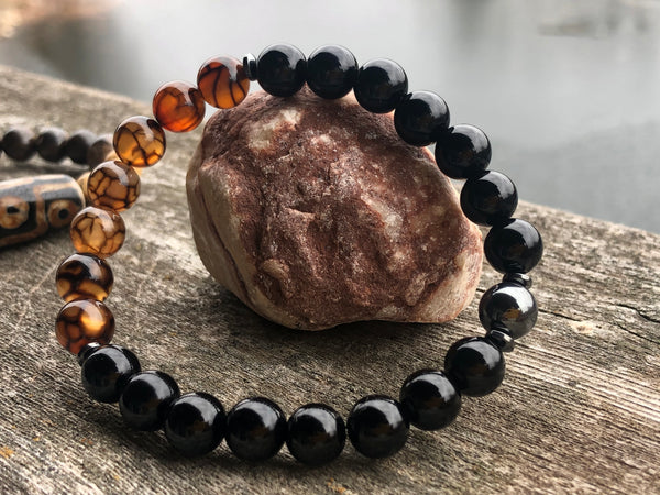 Black Onyx, dragon vain Agate & Hematite 8mm Bracelet