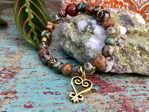 DZI agate & Sankofa Adinkra charm