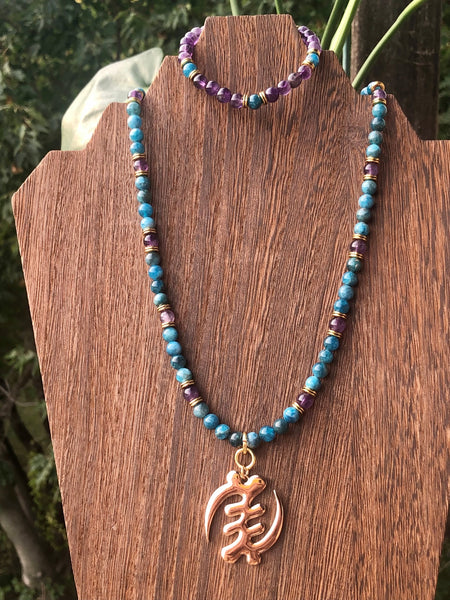 Gye Nyame Adinkra pendant with Blue Apatite & Amethyst mala