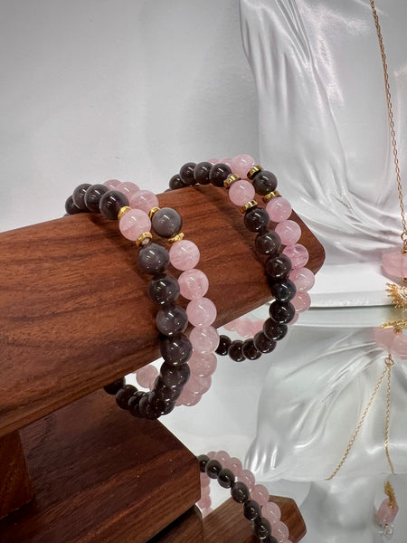 Obsidian and rose quartz couple set