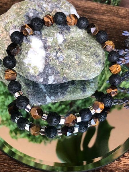 Faceted tiger eye & lava beads