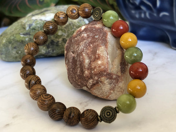 Wooden beads, red Jasper Green & yellow Jade 8mm