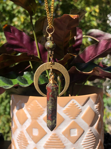 Dragon blood Jasper point pendant and crescent moon.