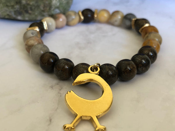 Yellow crazy lace agate & Bronzite bracelet with Sankofa Bird