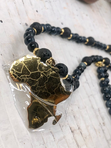 18k gold plated AFRICA pendant & 6mm blue tiger eye & lava beads