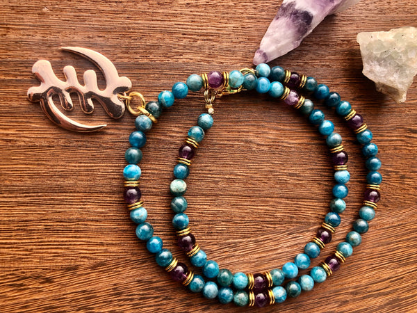 Gye Nyame Adinkra pendant with Blue Apatite & Amethyst mala
