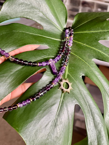 Fluorite and amethyst set with point pendant
