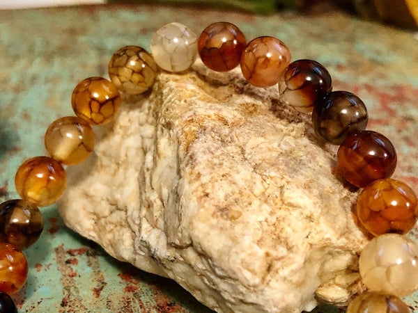 Tiger eye and Dragon Vein Agate, Adrinka symbol bracelet 8mm