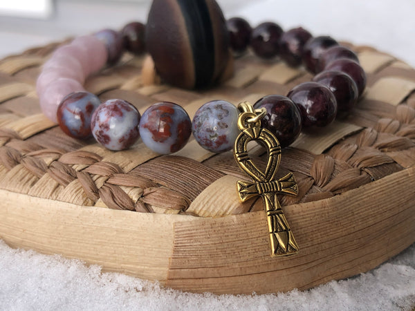 Kunzite, Lightening agate & Red garnet 8mm + Ankh Charm bracelet