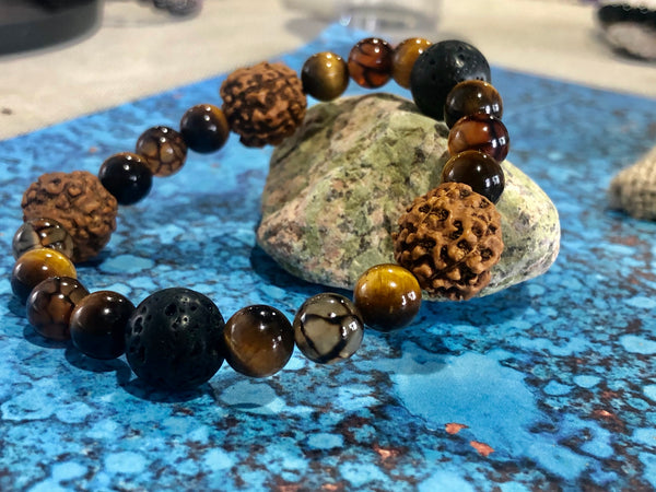 Rudraksha & Tiger Eye & Lava Beads & Dragon Vein Agate