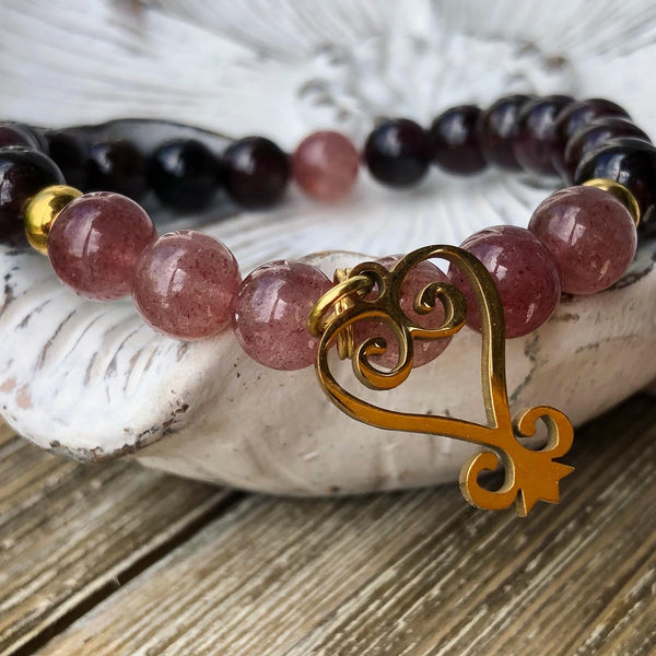 Strawberry Quartz, Garnet & Sankofa charm