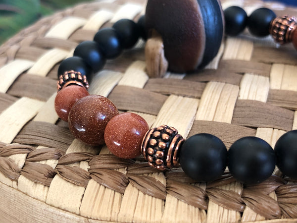 Matte Black Onyx & Gold Sandstone 8mm