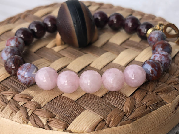 Kunzite, Lightening agate & Red garnet 8mm + Ankh Charm bracelet
