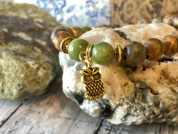 Green Jade & DZI agate 8mm