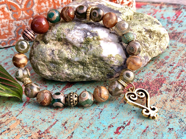 DZI agate & Sankofa Adinkra charm