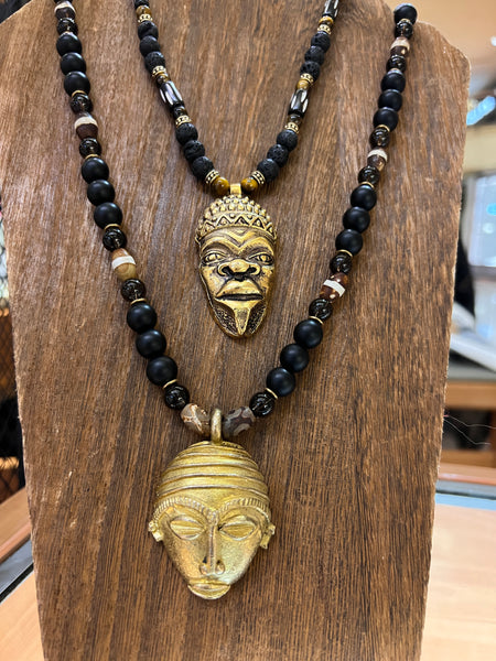 African ancestor mask pendant with black onyx, smoky quartz, and DZI agate