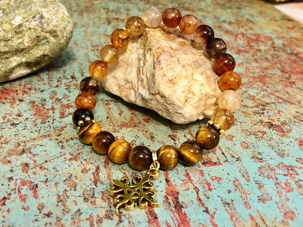 Tiger eye and Dragon Vein Agate, Adrinka symbol bracelet 8mm