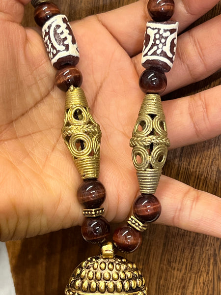 10mm Red tiger eye, Krobo beads & handmade brass necklace