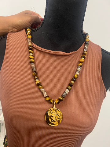King lion tiger eye and DZI agate necklace