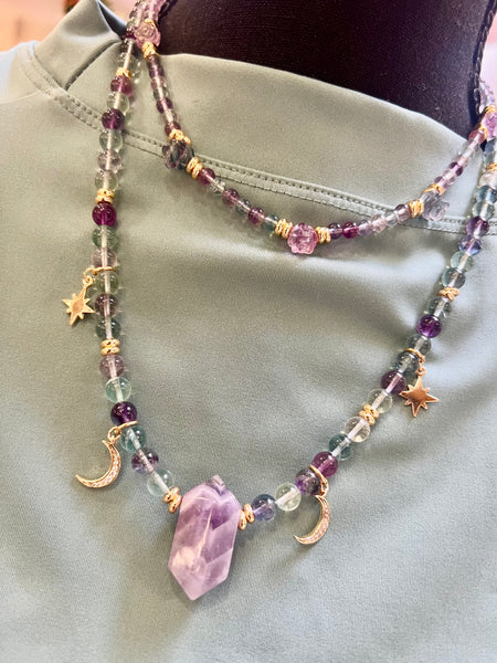Fluorite Double necklace with amethyst pendant