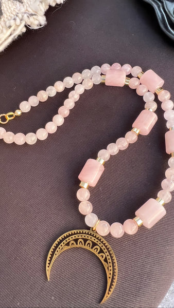 Rose quartz and moon necklace