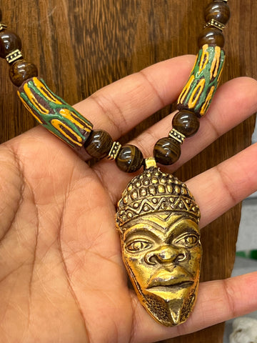 Krobo beads and Iron Opal necklace with African ancestor mask