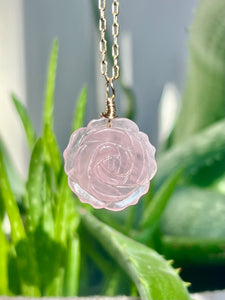 Carved rose quartz rose necklace