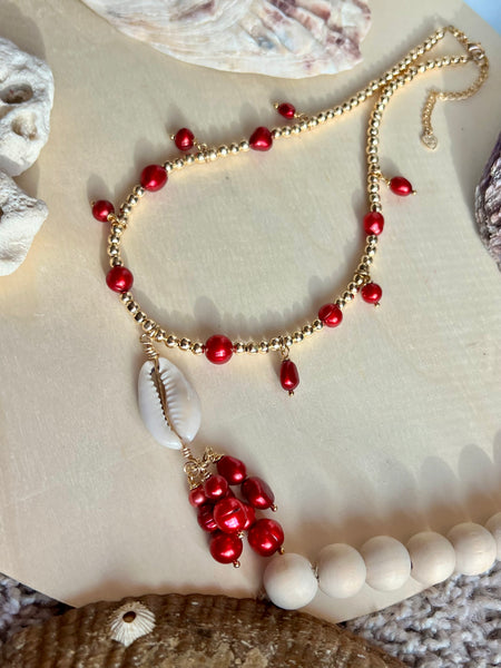 Golden red pearls and cowrie shell necklace/choker