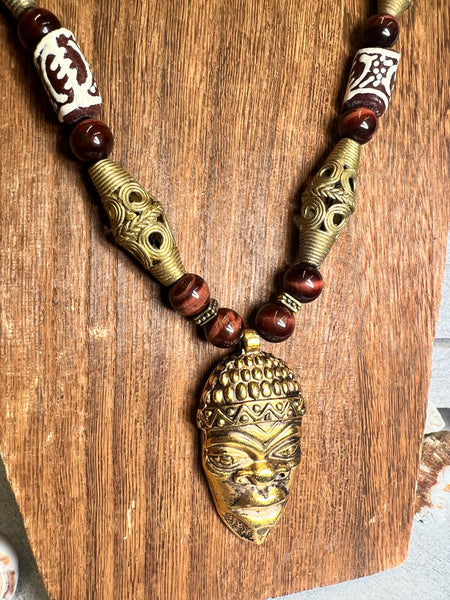 10mm Red tiger eye, Krobo beads & handmade brass necklace