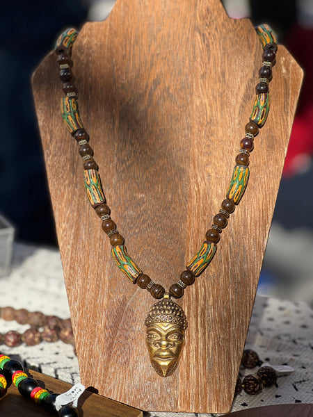 Krobo beads and Iron Opal necklace with African ancestor mask