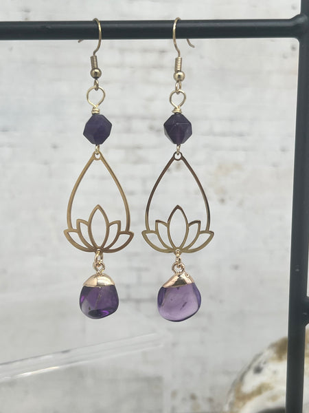 Lotus tear drop amethyst earrings
