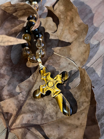Tiger eye/citrine carved cross necklace