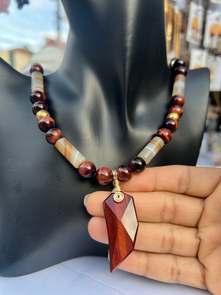 Red tiger eye & DZI agate 10mm necklace