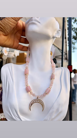 Rose quartz and moon necklace