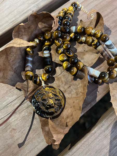 King lion tiger eye and DZI agate necklace