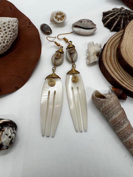 African bone earrings (fork and cowrie)