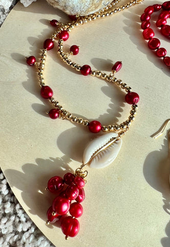 Golden red pearls and cowrie shell necklace/choker
