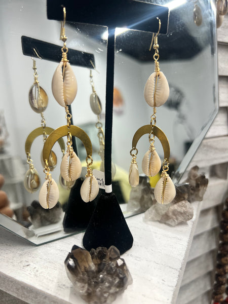 Cowrie shell earrings and brass