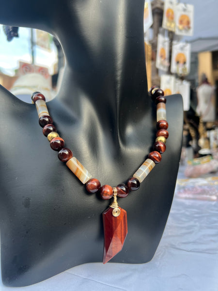 Red tiger eye & DZI agate 10mm necklace