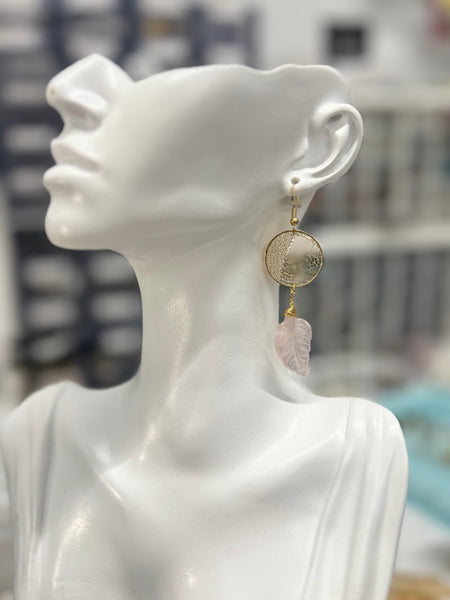 Rose quartz leaf earrings