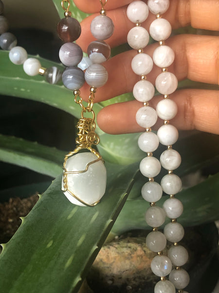 White Moonstone & Botswana Agate necklace/bracelet with raw Selenite pendant