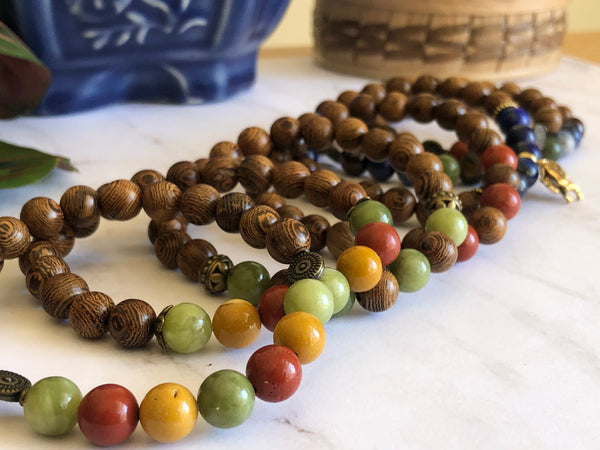 Wooden beads, red Jasper Green & yellow Jade 8mm