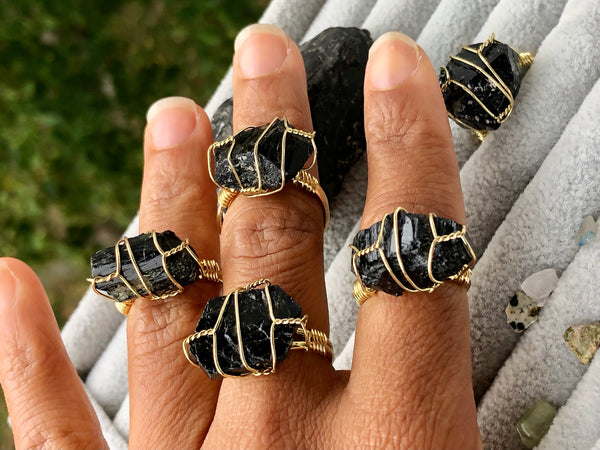 Wired wrapped rough stone rings