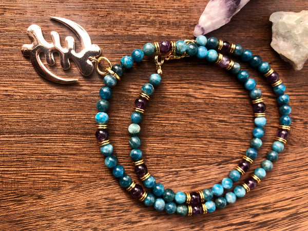 Gye Nyame Adinkra pendant with Blue Apatite & Amethyst mala