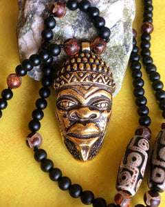 Black Onyx, Dzi agate Mala with African mask pendant