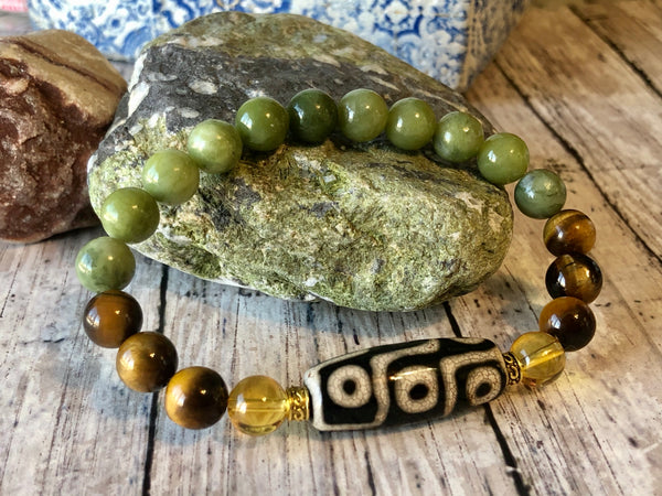 Green Jade, Tiger eye, Citrine & DZI agate 8mm