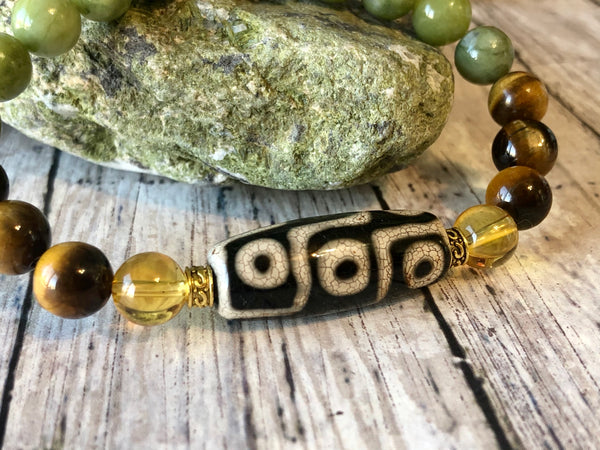 Green Jade, Tiger eye, Citrine & DZI agate 8mm