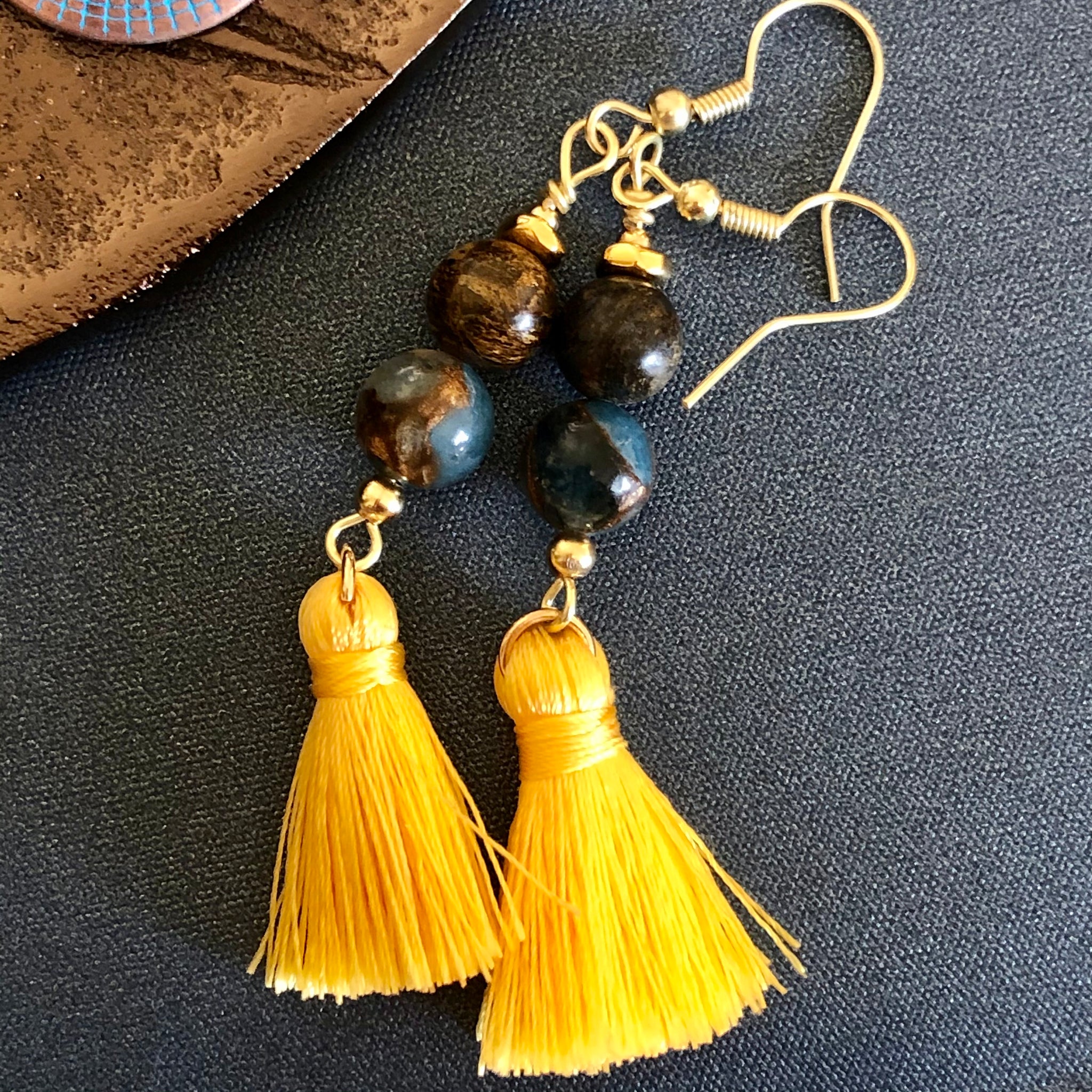 Earrings mosaic agate & yellow tassel