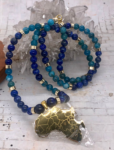 18k gold plated AFRICA pendant with blue Apatite & lapis lazuli